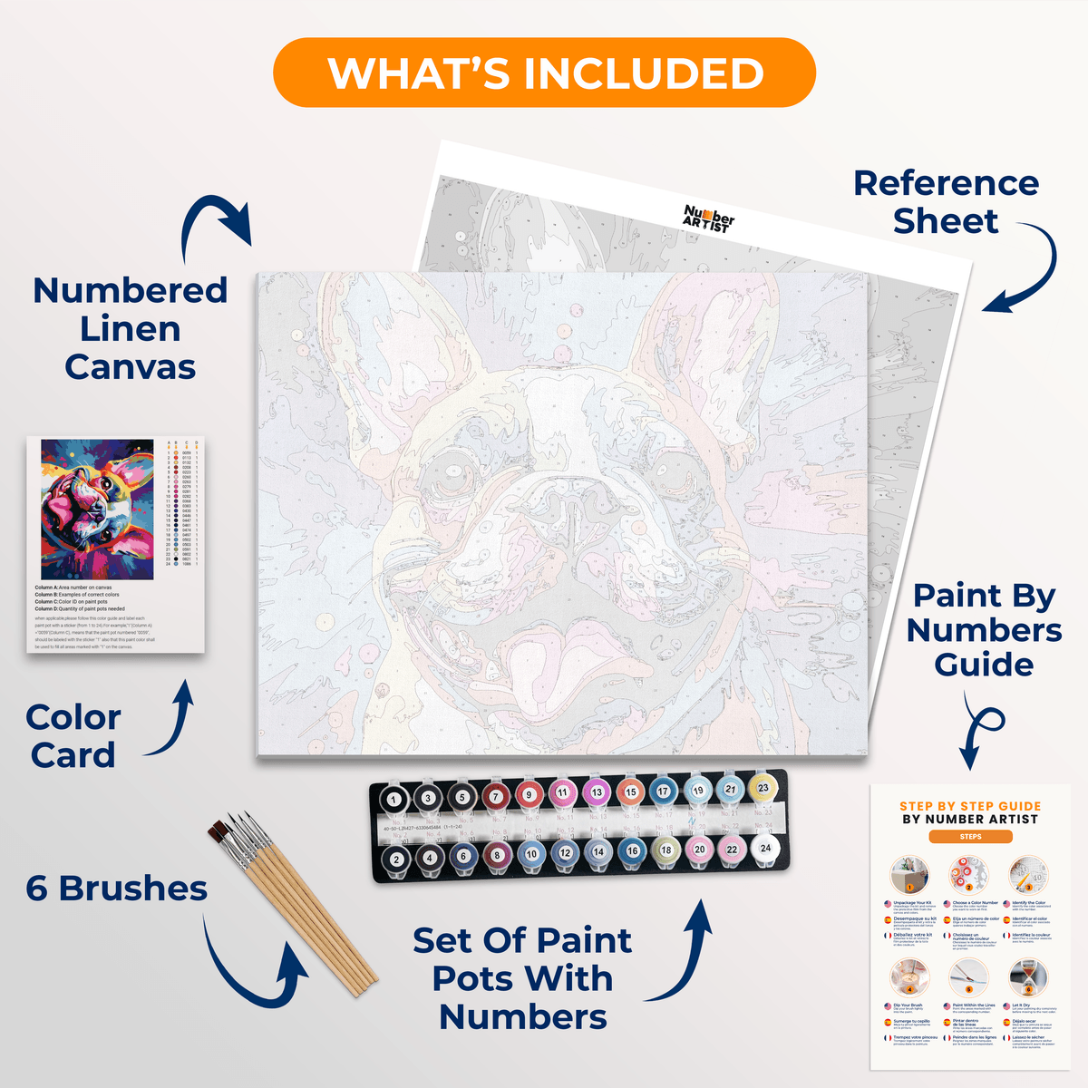 The image displays a vibrant poster featuring a French Bulldog as the central focus.