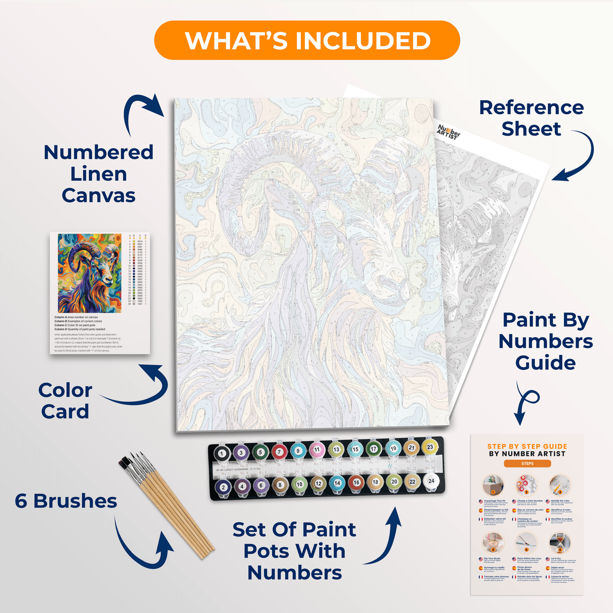 The image features a poster of a mountain goat standing in a vibrant field adorned with rainbow colors and flowing abstract patterns.
