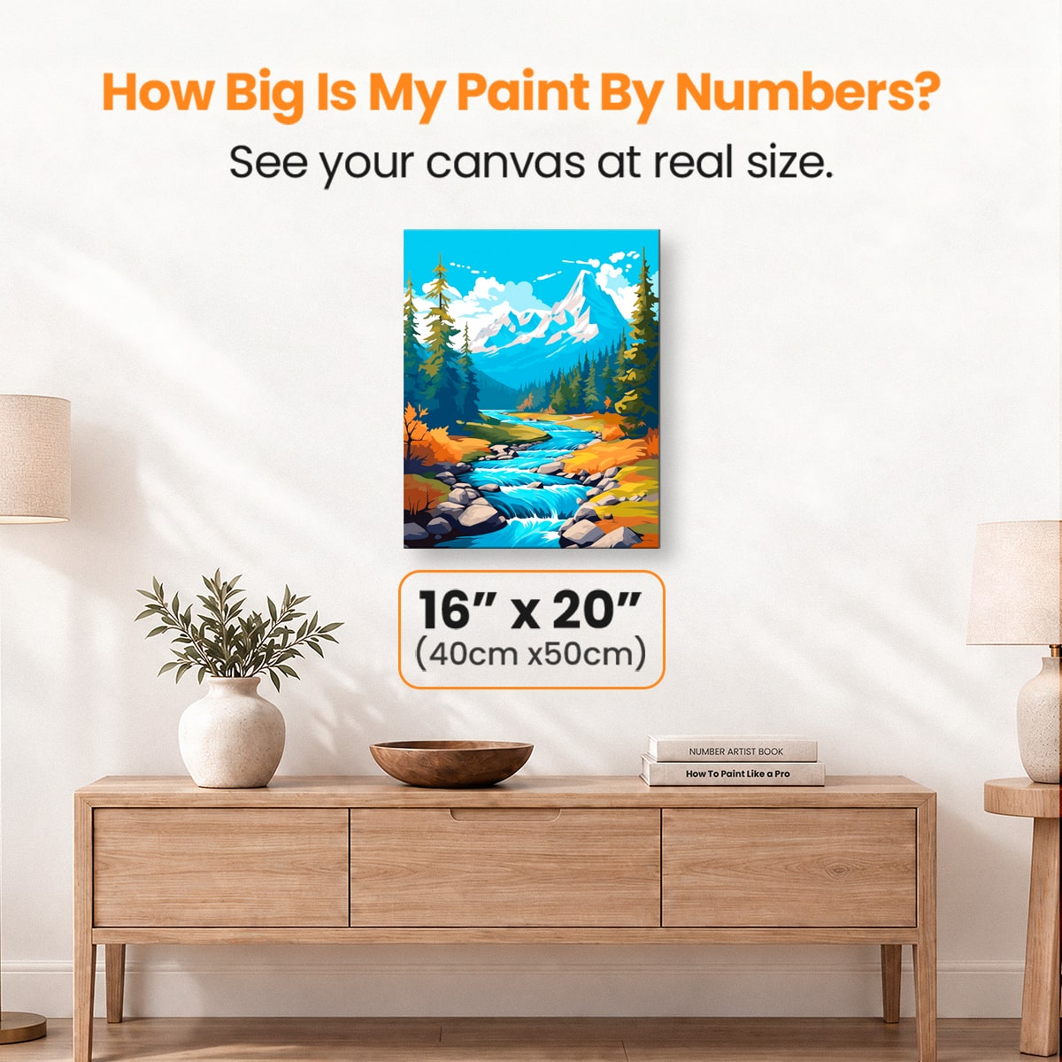 A vibrant landscape print features a serene mountain river flowing through a picturesque setting, surrounded by lush forests and towering snow-capped mountains under a clear blue sky, evoking an outdoor adventure theme..