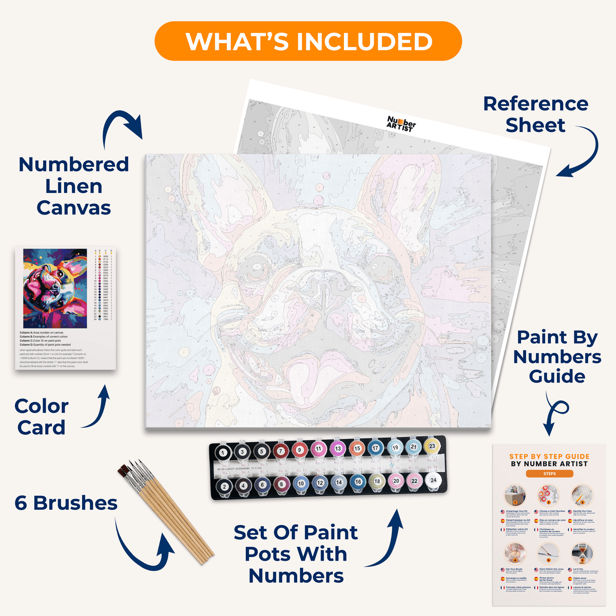 The image displays a vibrant poster featuring a French Bulldog as the central focus.
