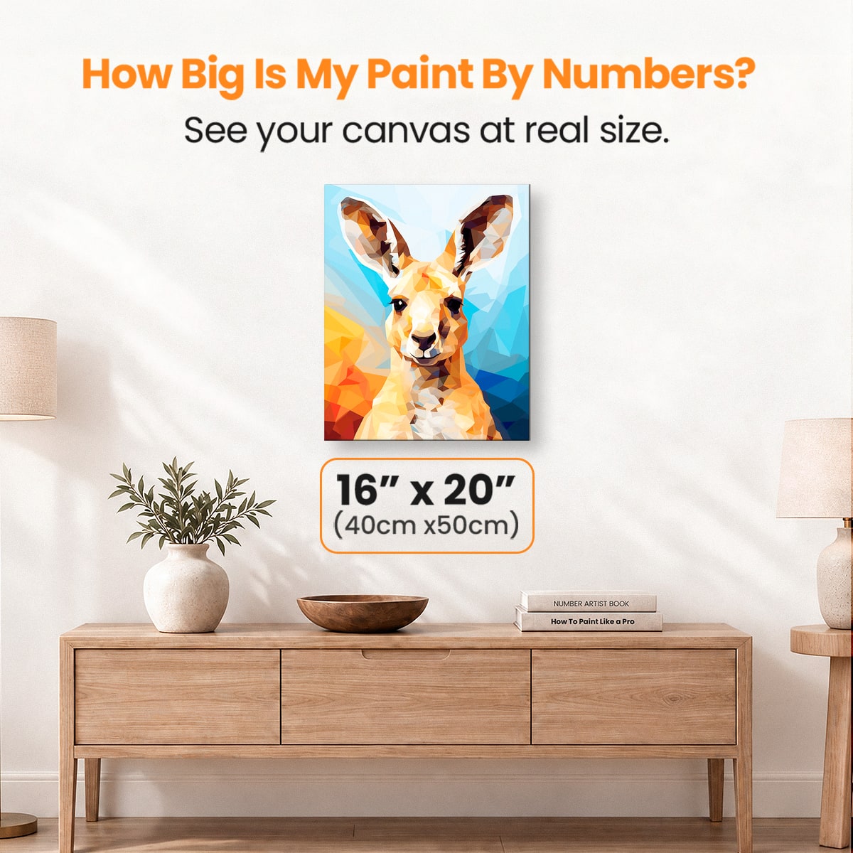 A digital art illustration features a kangaroo standing against a vivid backdrop with geometric shades of blue, red, and yellow, giving it a colorful polygonal effect, creating an artistic poster..