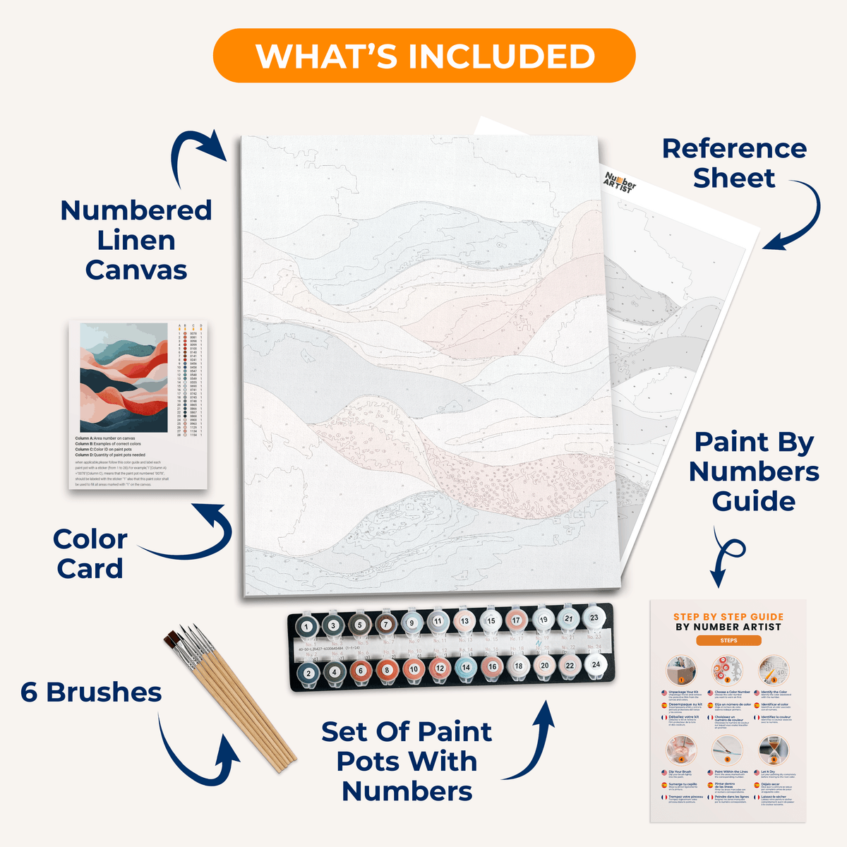 The image showcases a canvas print featuring an abstract landscape composed of curved lines and shapes.