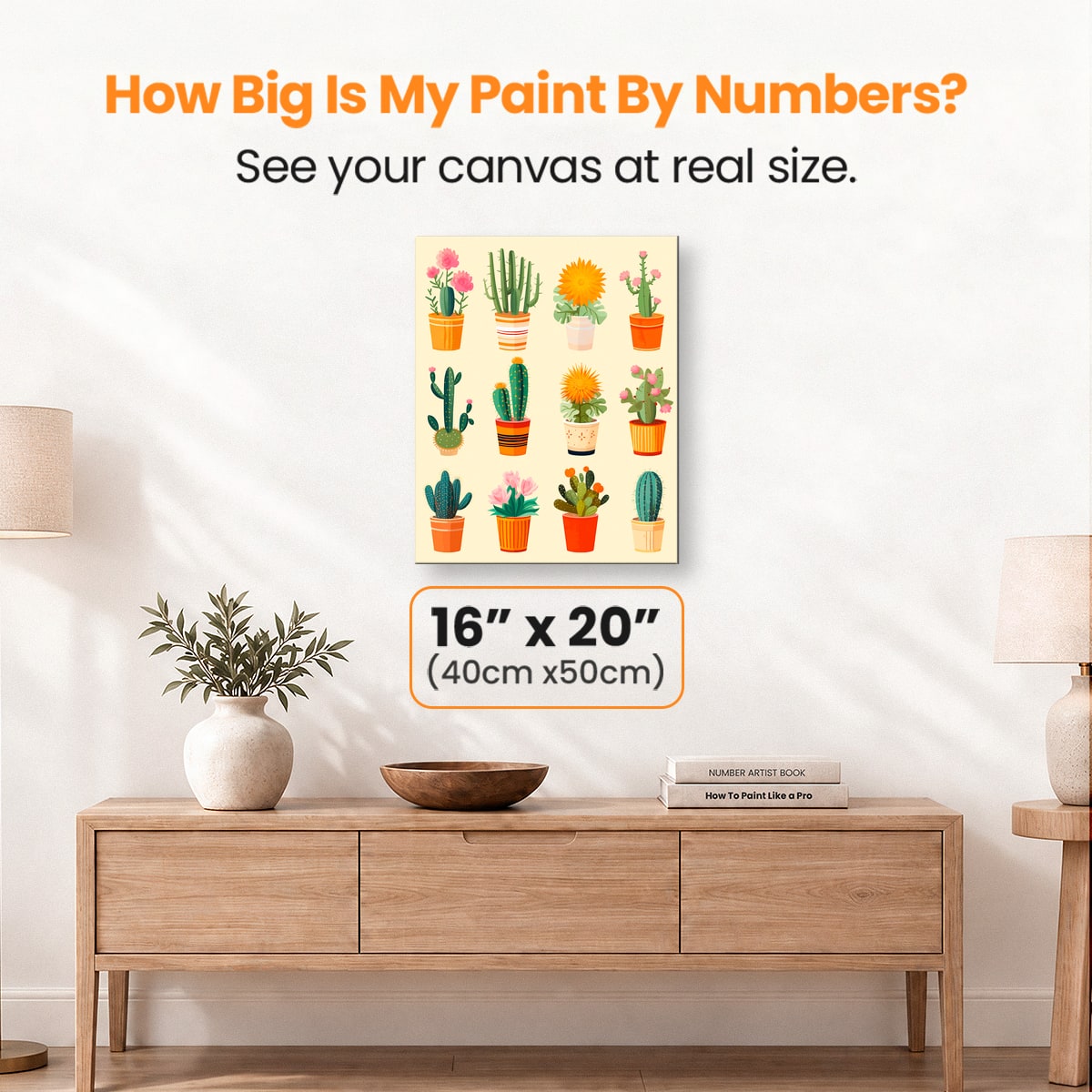 The image presents a collection of nine vibrant potted cacti against a light beige background.