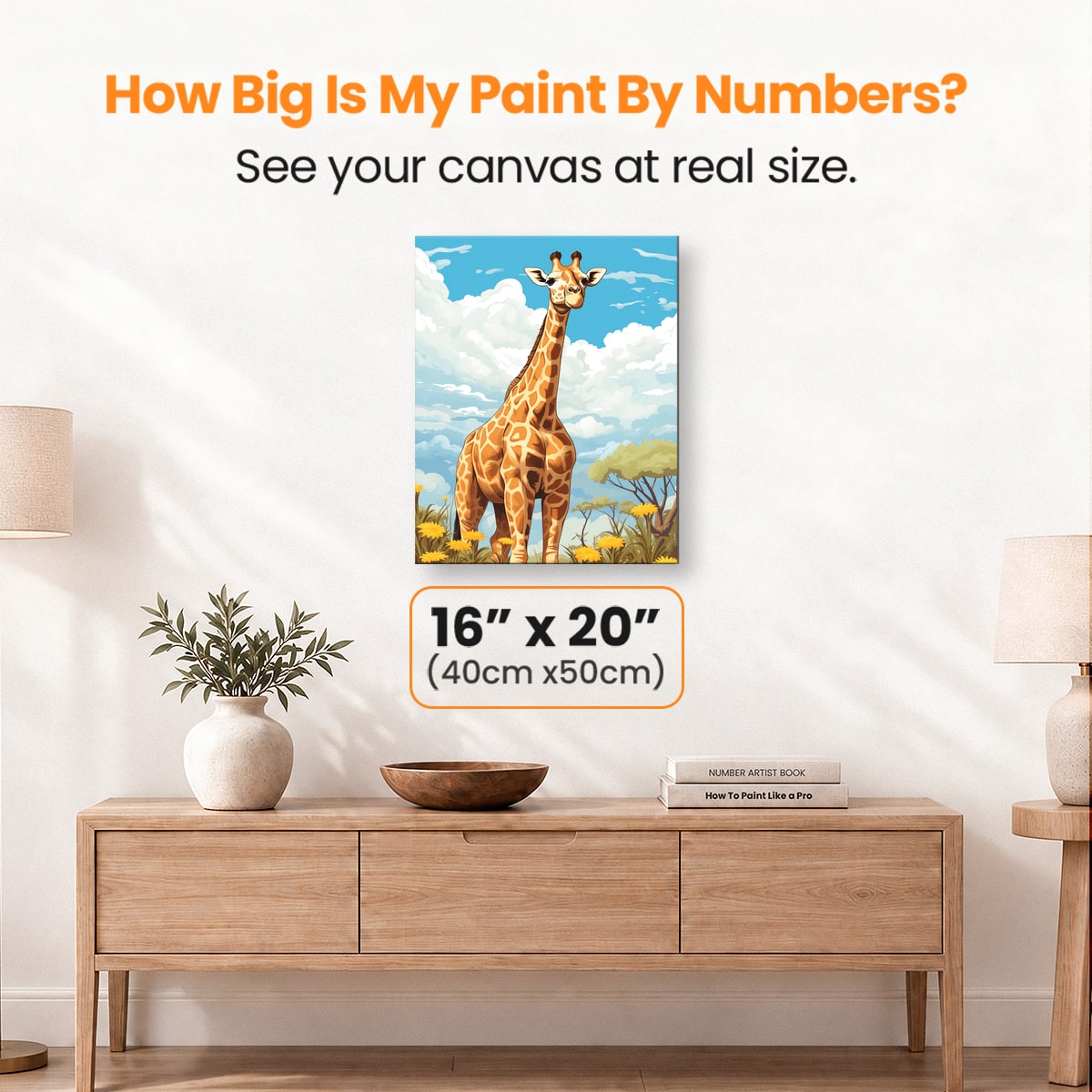 This is an illustrated print featuring a tall giraffe standing on a grassy field.