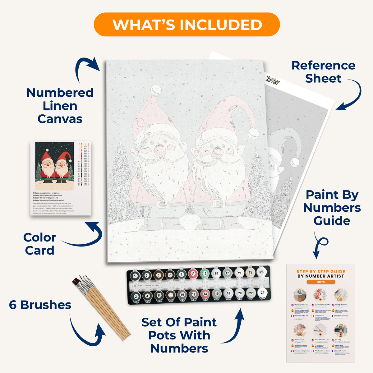 Two cartoon Santa Clauses standing amidst a snowy landscape.