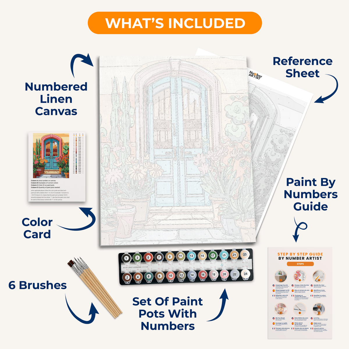 This illustration portrays a vibrant Mediterranean-style door in a warm orange hue, framed by an archway and adorned with a plant on top.
