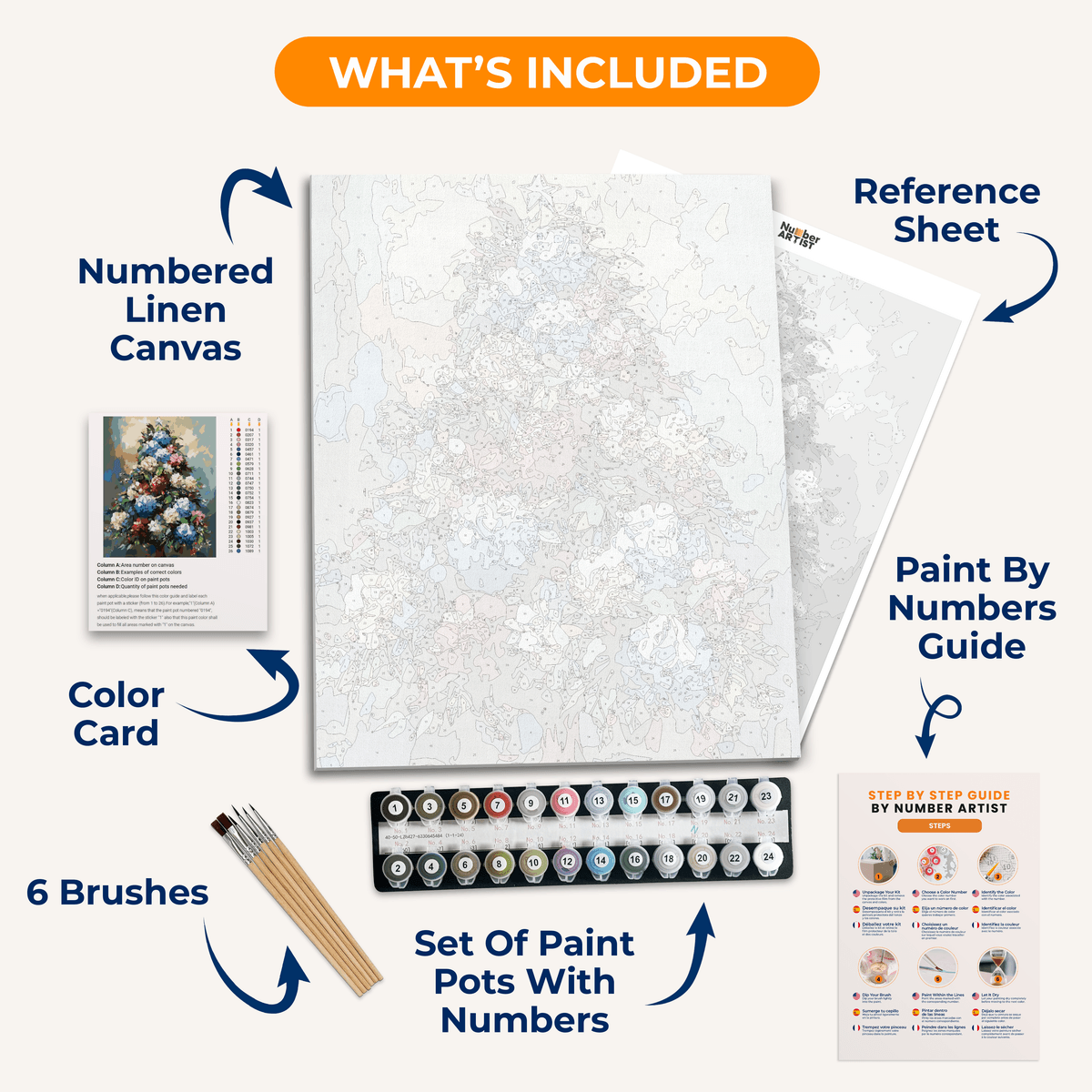 The image displays a festive Christmas tree adorned with an array of vibrant flowers, predominantly featuring shades of blue and purple, set against a backdrop that suggests a starry night sky..
