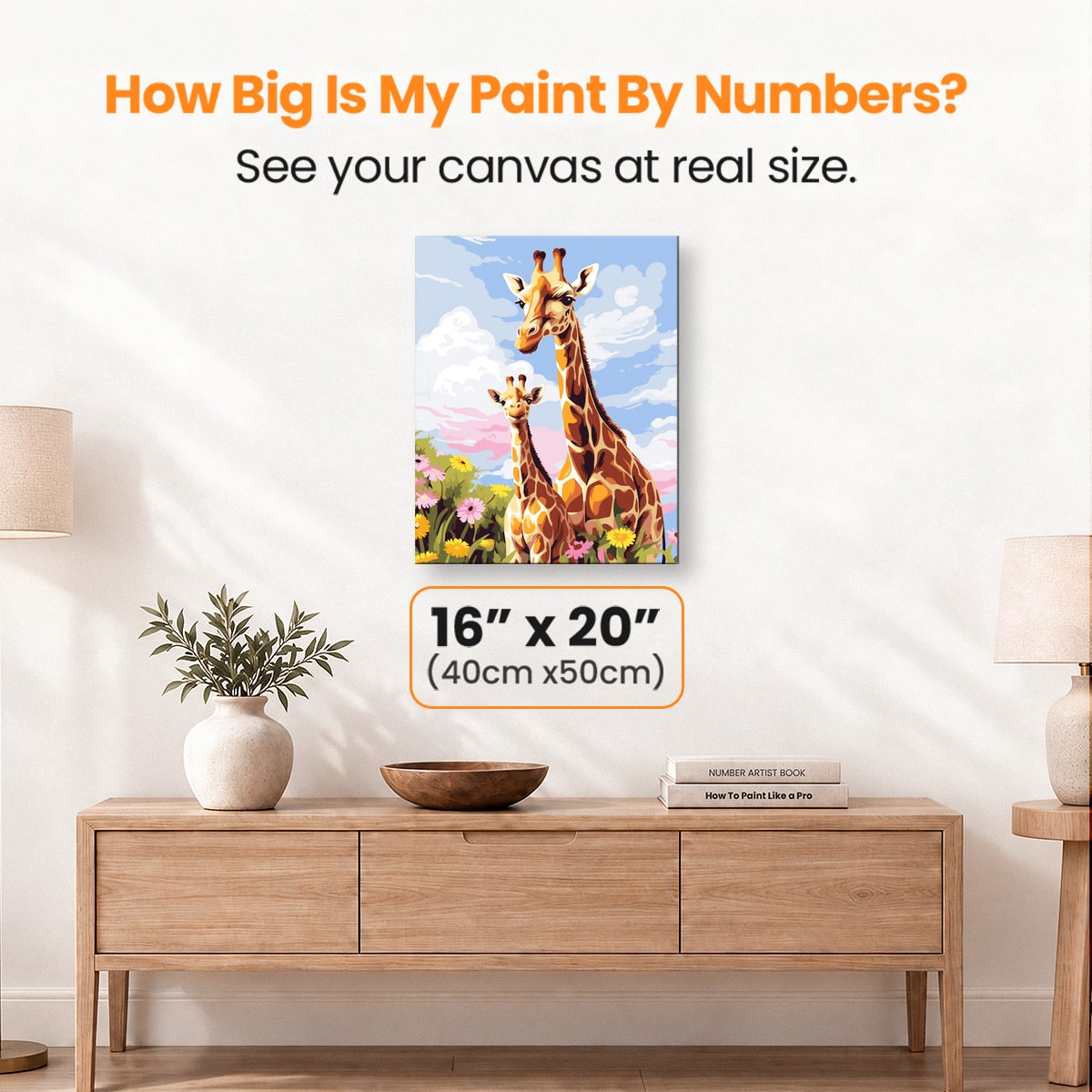 The image features a mother and baby giraffe standing together on what appears to be an island or a floating platform, surrounded by a vibrant, floral landscape.