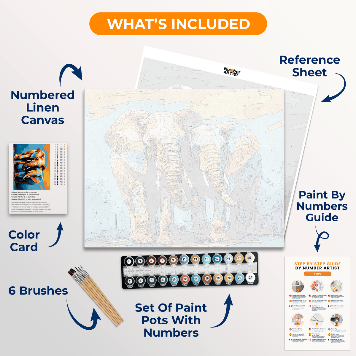 This image features a pair of elephants standing side by side against a vibrant background that transitions from orange at the top to blue at the bottom.