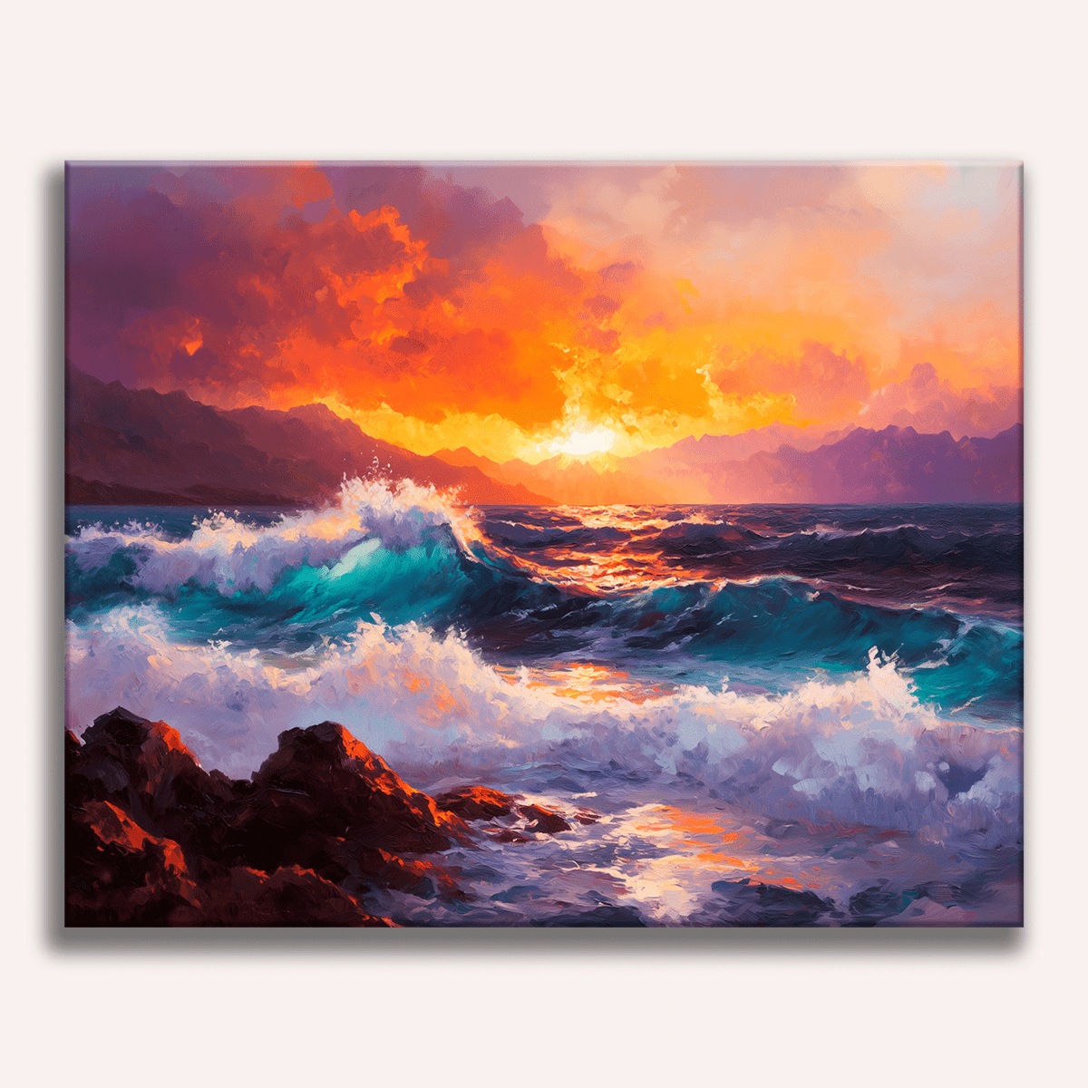 A scenic landscape painting depicts a tranquil seascape at sunset or sunrise.