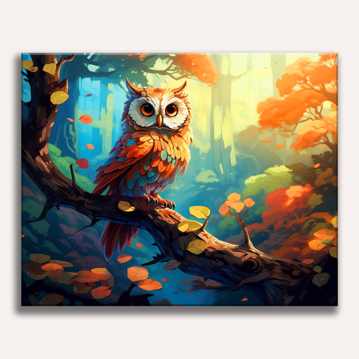 An owl sits perched on a branch in a lush forest, surrounded by autumn foliage and vibrant orange leaves, its gaze directed towards the camera..