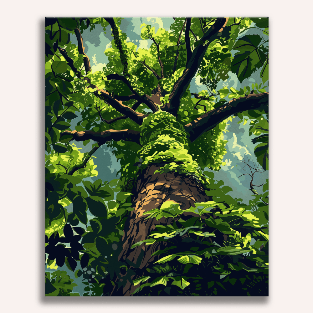 The image showcases a towering tree, its trunk and branches intertwined in a tapestry of green.