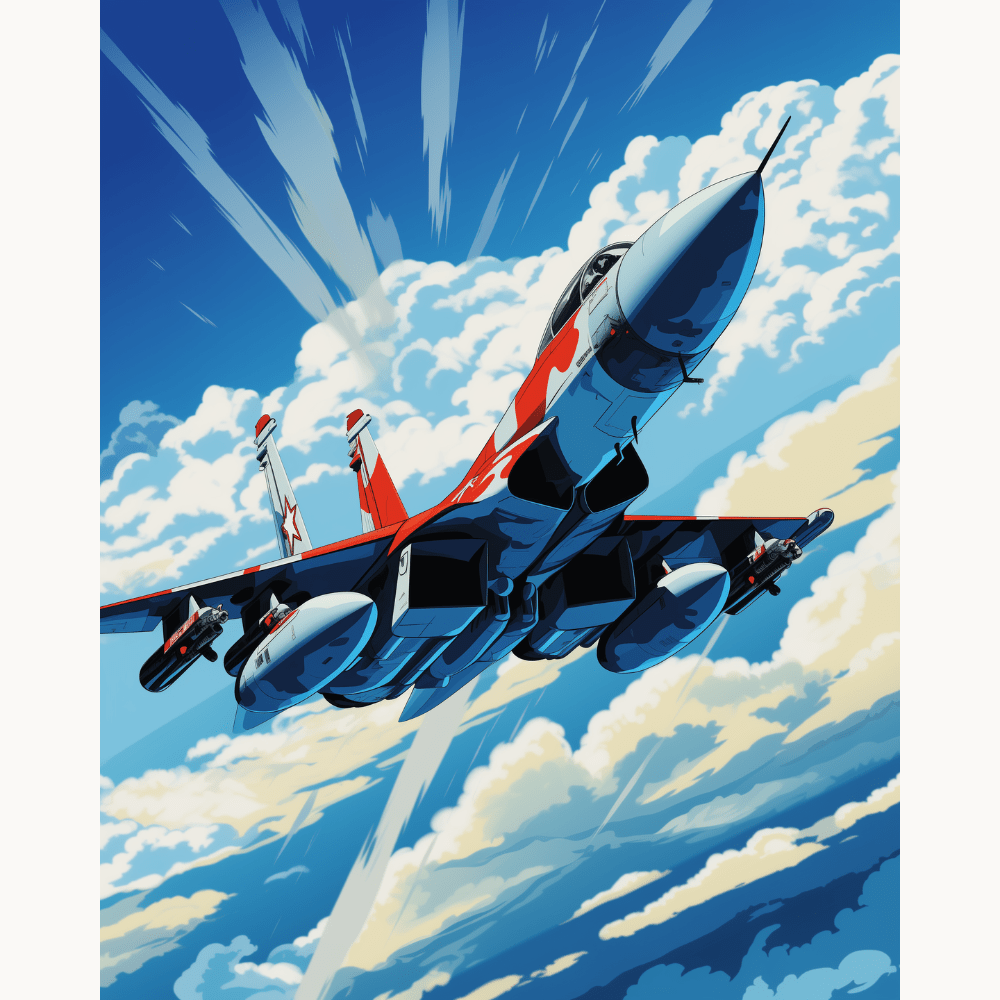 This is a digital artwork featuring a red and white fighter jet soaring through a sky filled with fluffy clouds.