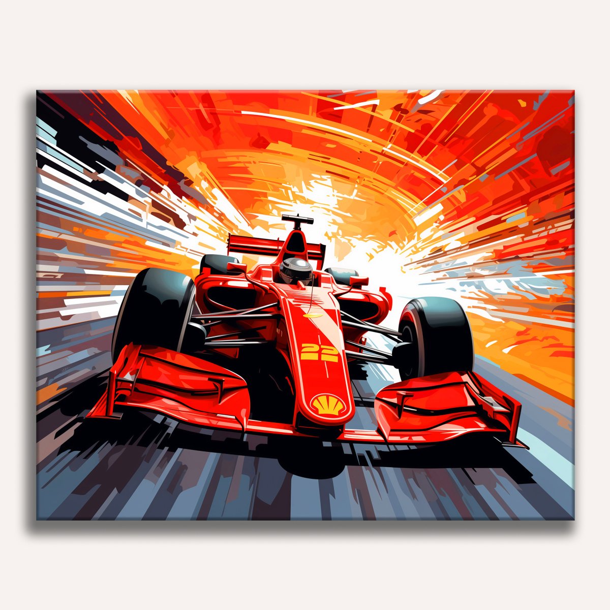 The image showcases a vibrant scene of a red Formula One race car in motion on a track.