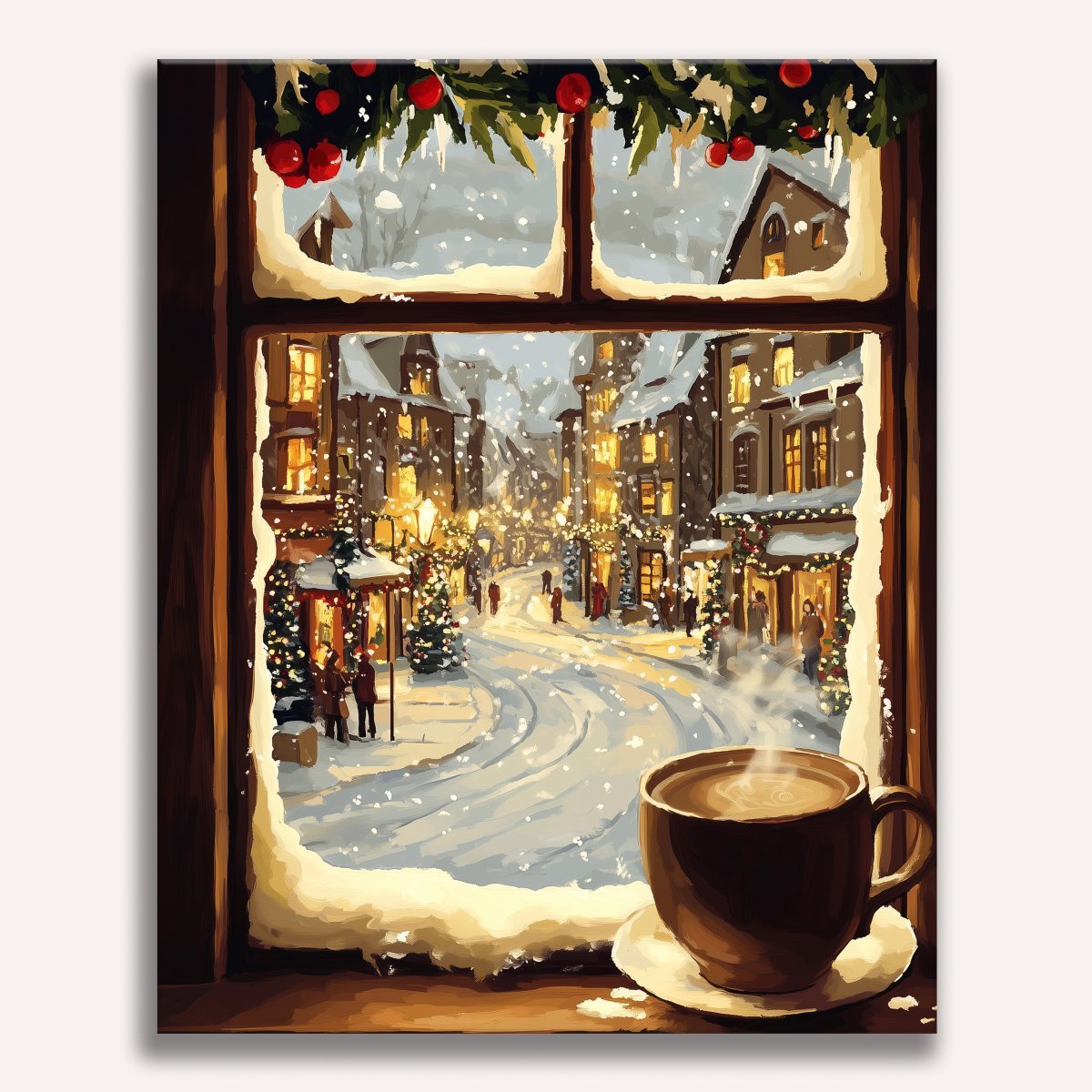 A cozy winter scene showcases a warm cup of coffee placed by an open window overlooking a snowy street filled with holiday decorations and illuminated shop signs..