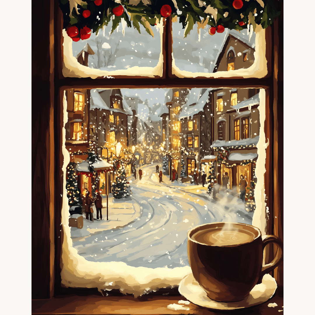 A cozy winter scene showcases a warm cup of coffee placed by an open window overlooking a snowy street filled with holiday decorations and illuminated shop signs..