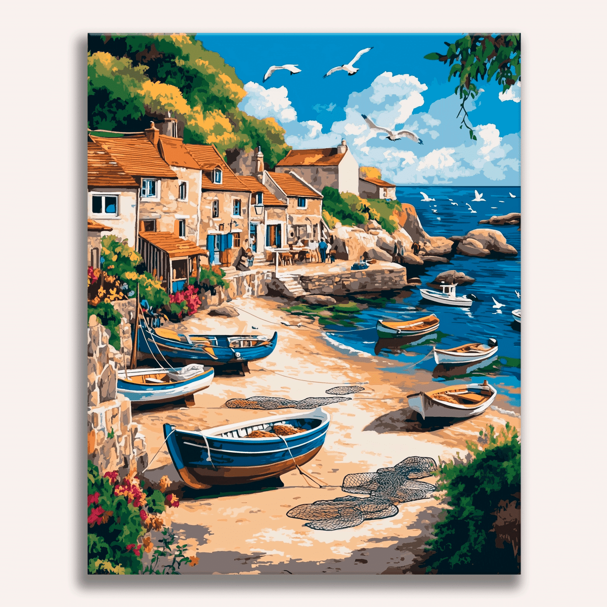 A colorful painting depicts a coastal village scene..