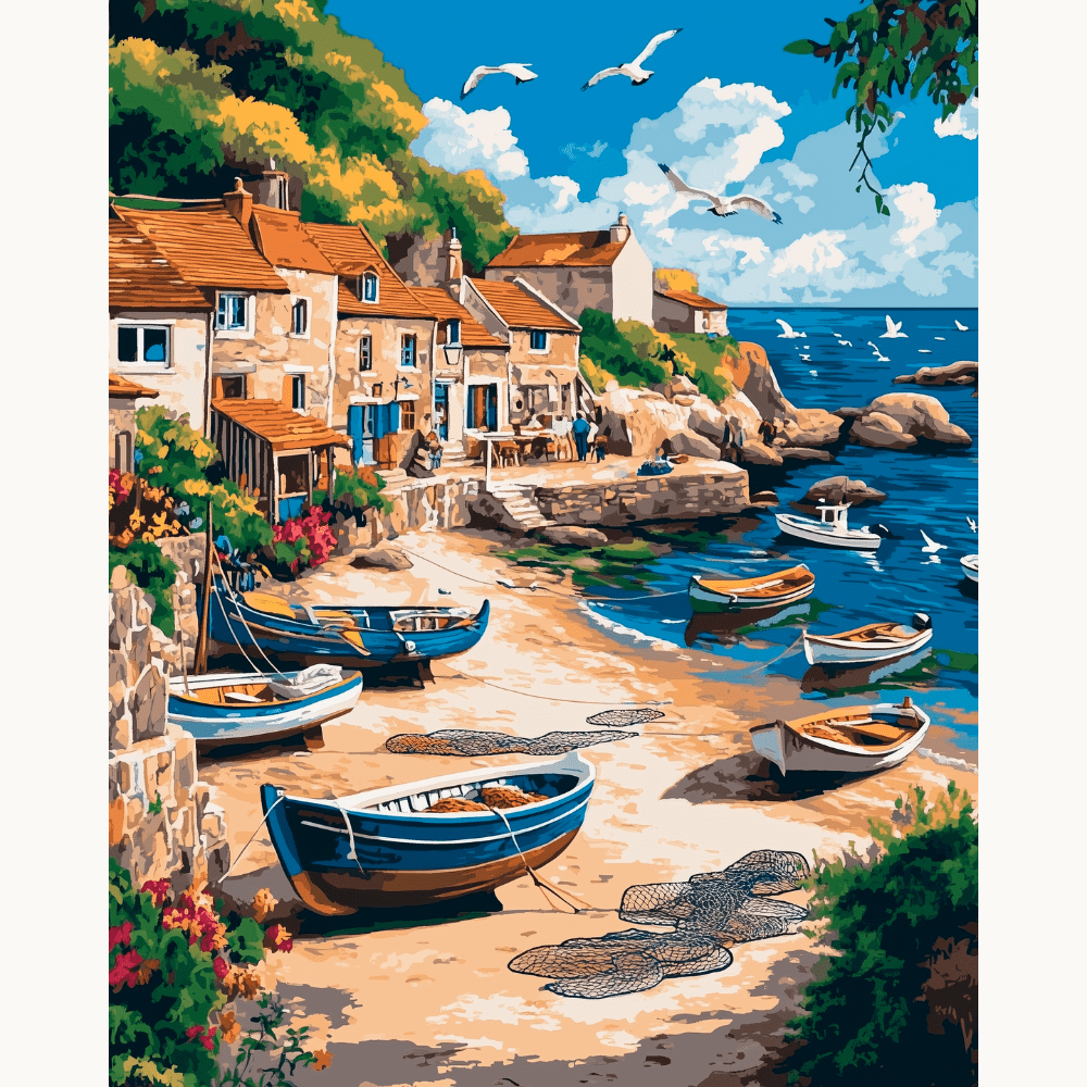 A colorful painting depicts a coastal village scene..