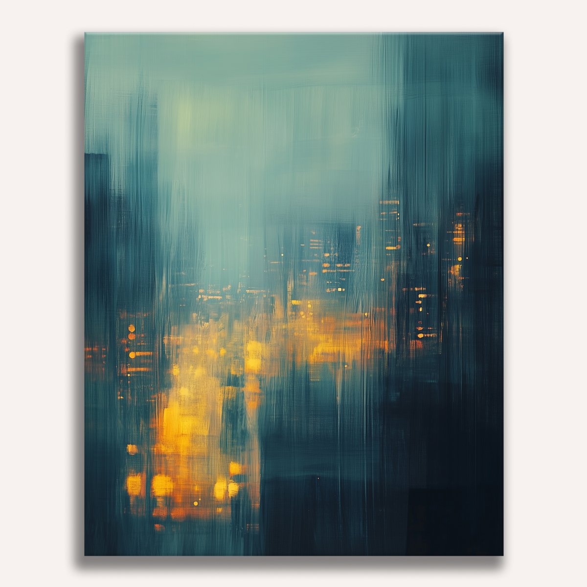 The image showcases a modern abstract cityscape print.