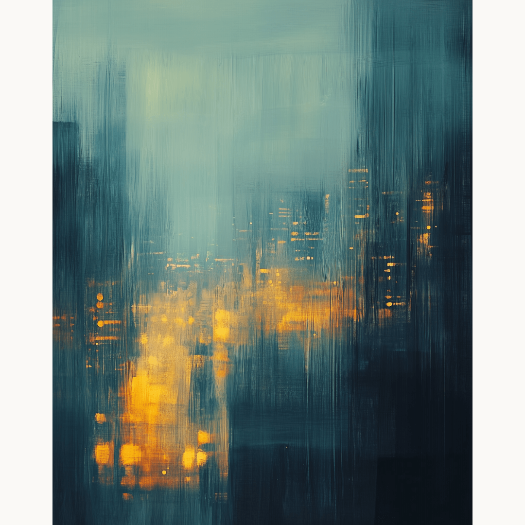 The image showcases a modern abstract cityscape print.