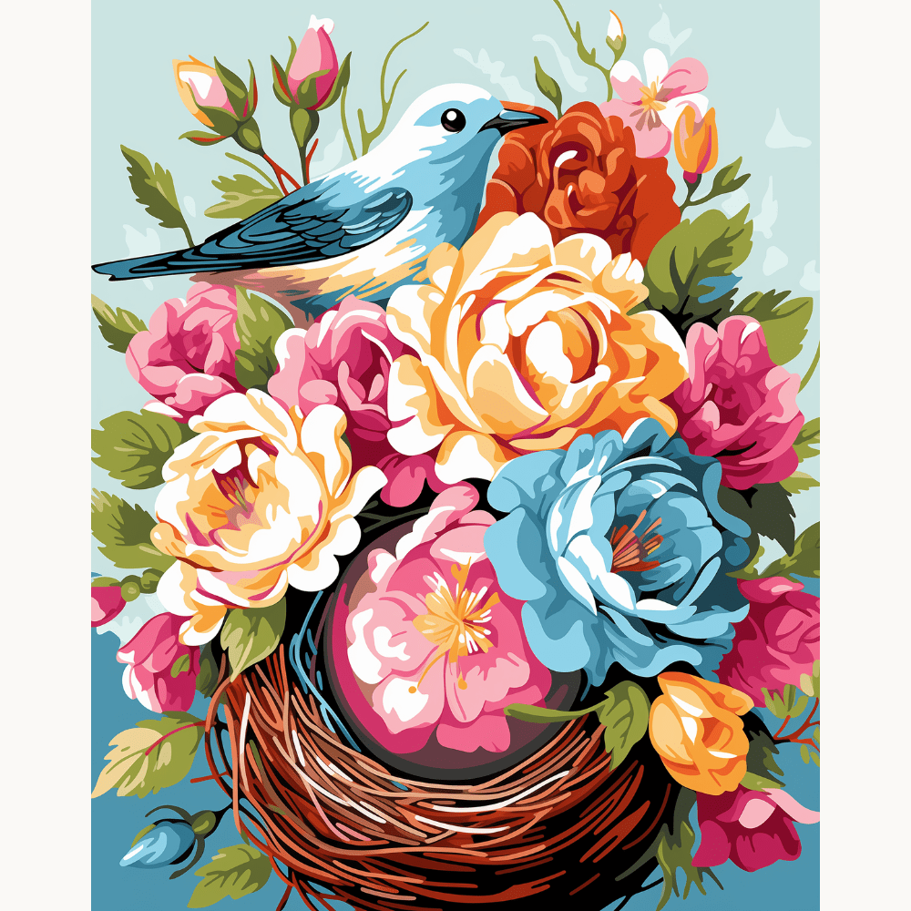 The image features a vibrant bouquet of flowers and a small bird resting atop them.