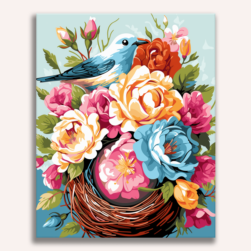 The image features a vibrant bouquet of flowers and a small bird resting atop them.