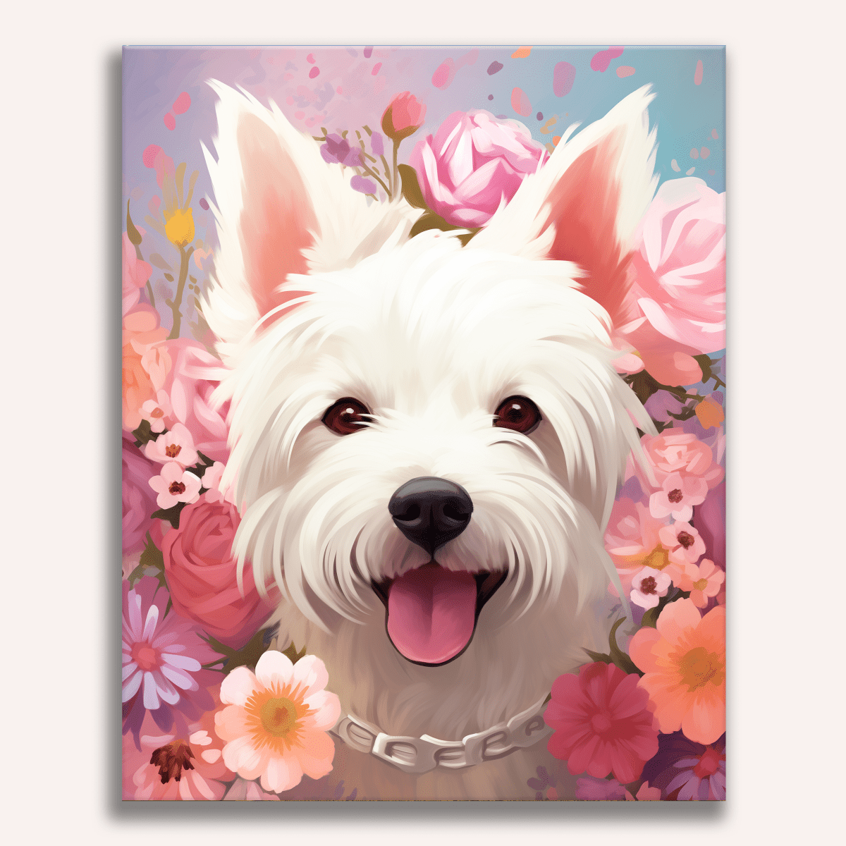 A poster depicts a cute white dog with big, expressive eyes and a pink tongue, lying down against a backdrop of vibrant flowers..