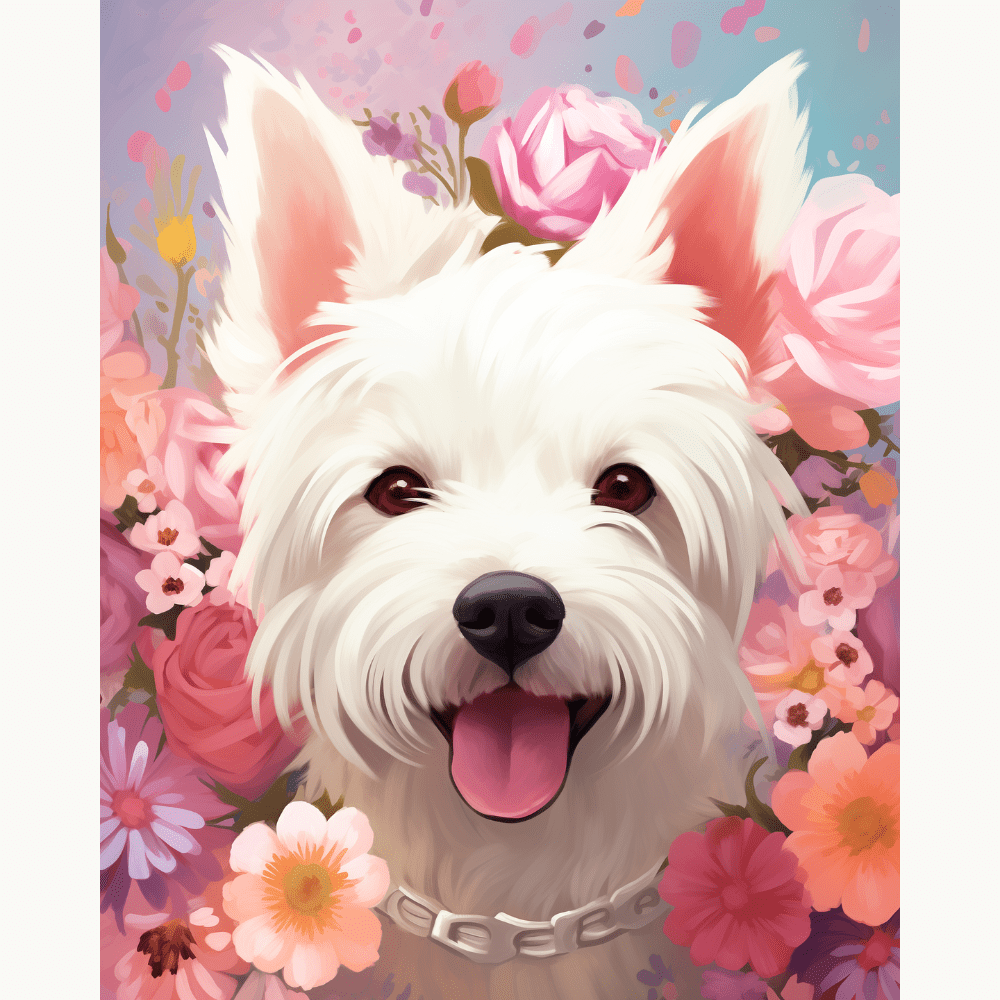 A poster depicts a cute white dog with big, expressive eyes and a pink tongue, lying down against a backdrop of vibrant flowers..