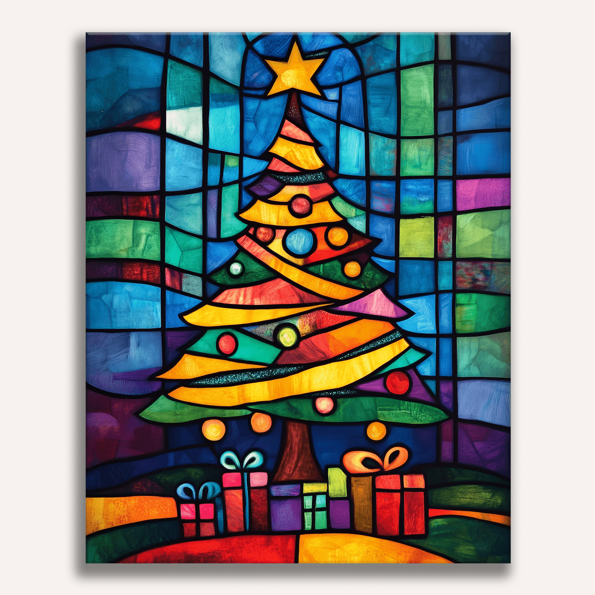 The image presents a vibrant stained glass window featuring a Christmas tree and an angel at its top.