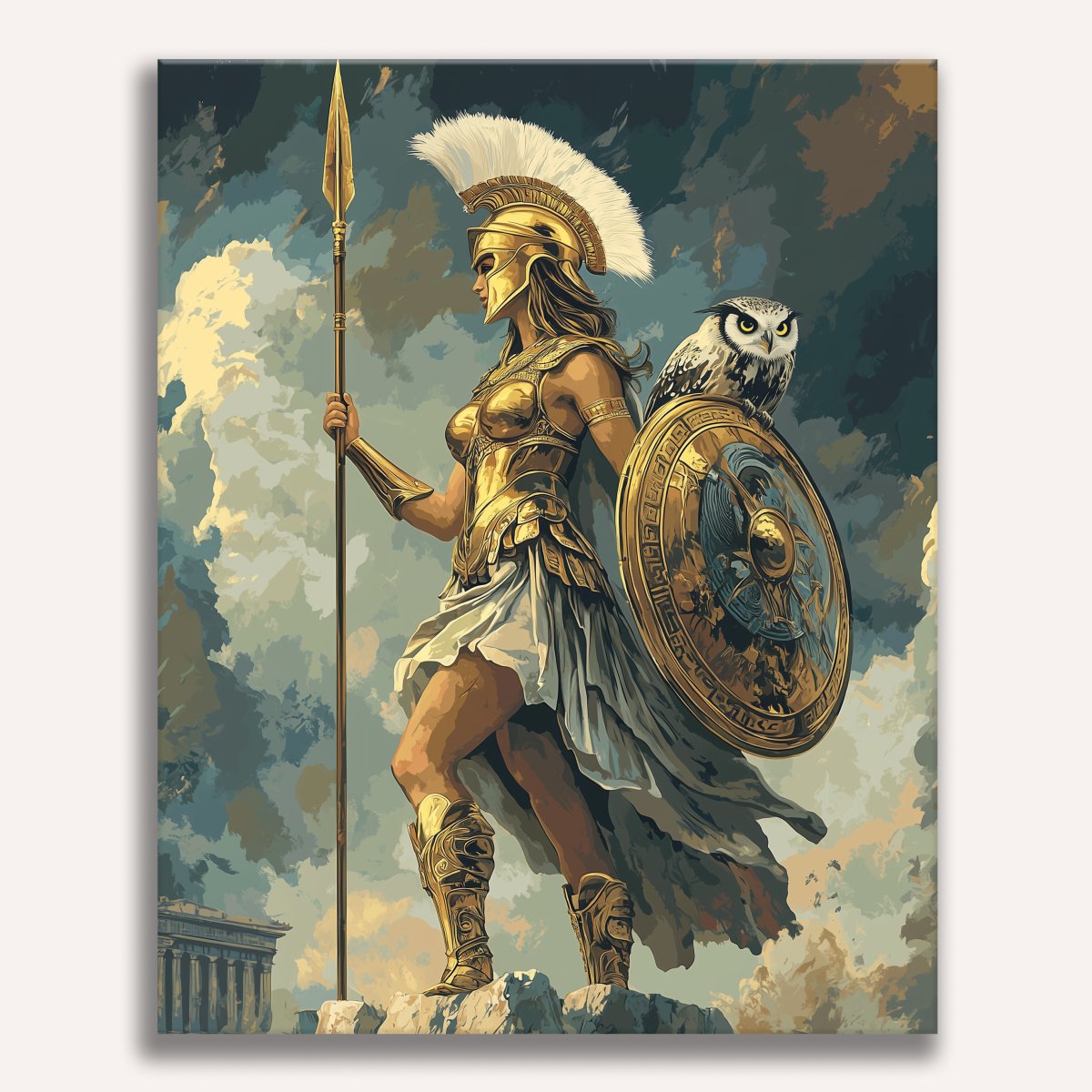 The image depicts a classical-style warrior statue, standing erect on a pedestal.