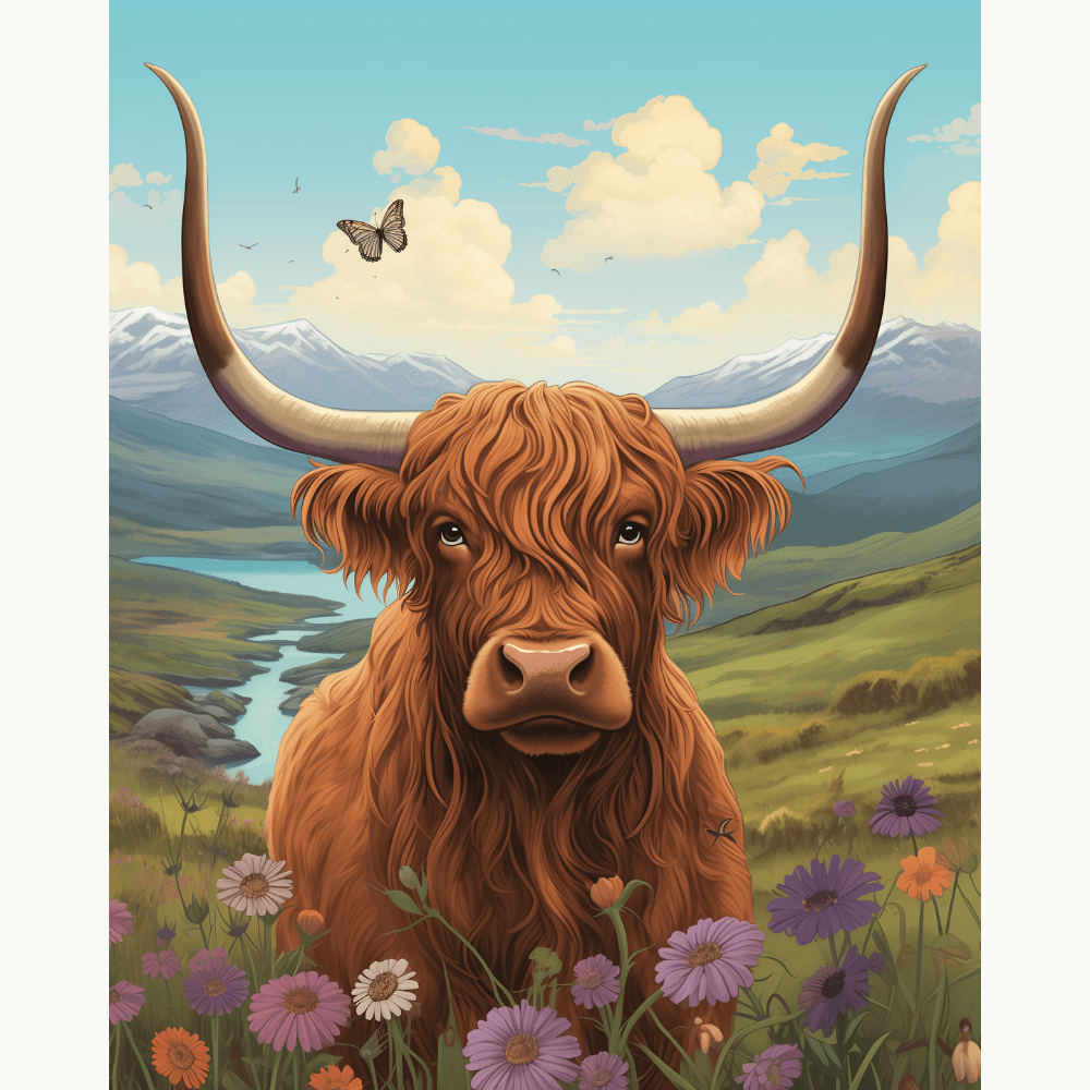 The image depicts a stylized representation of a long-haired Highland cow standing majestically on a grassy hillside.