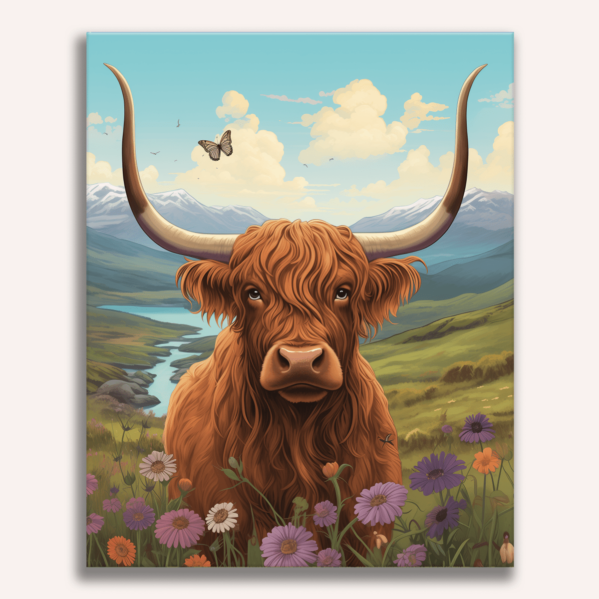 The image depicts a stylized representation of a long-haired Highland cow standing majestically on a grassy hillside.