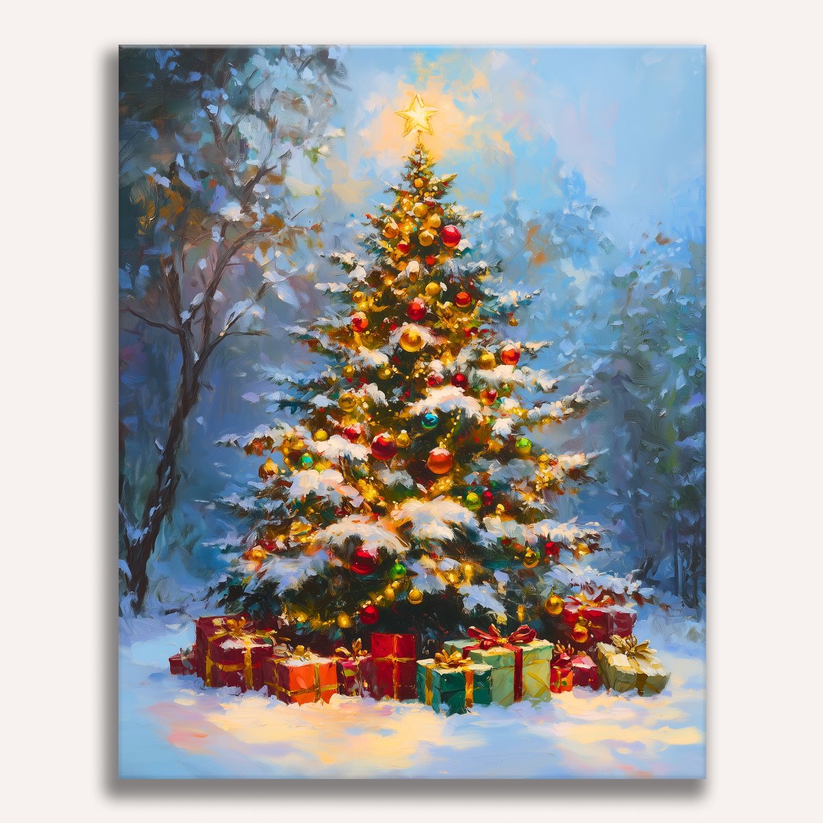 The image showcases a holiday scene, focusing on a beautifully decorated Christmas tree at its center.