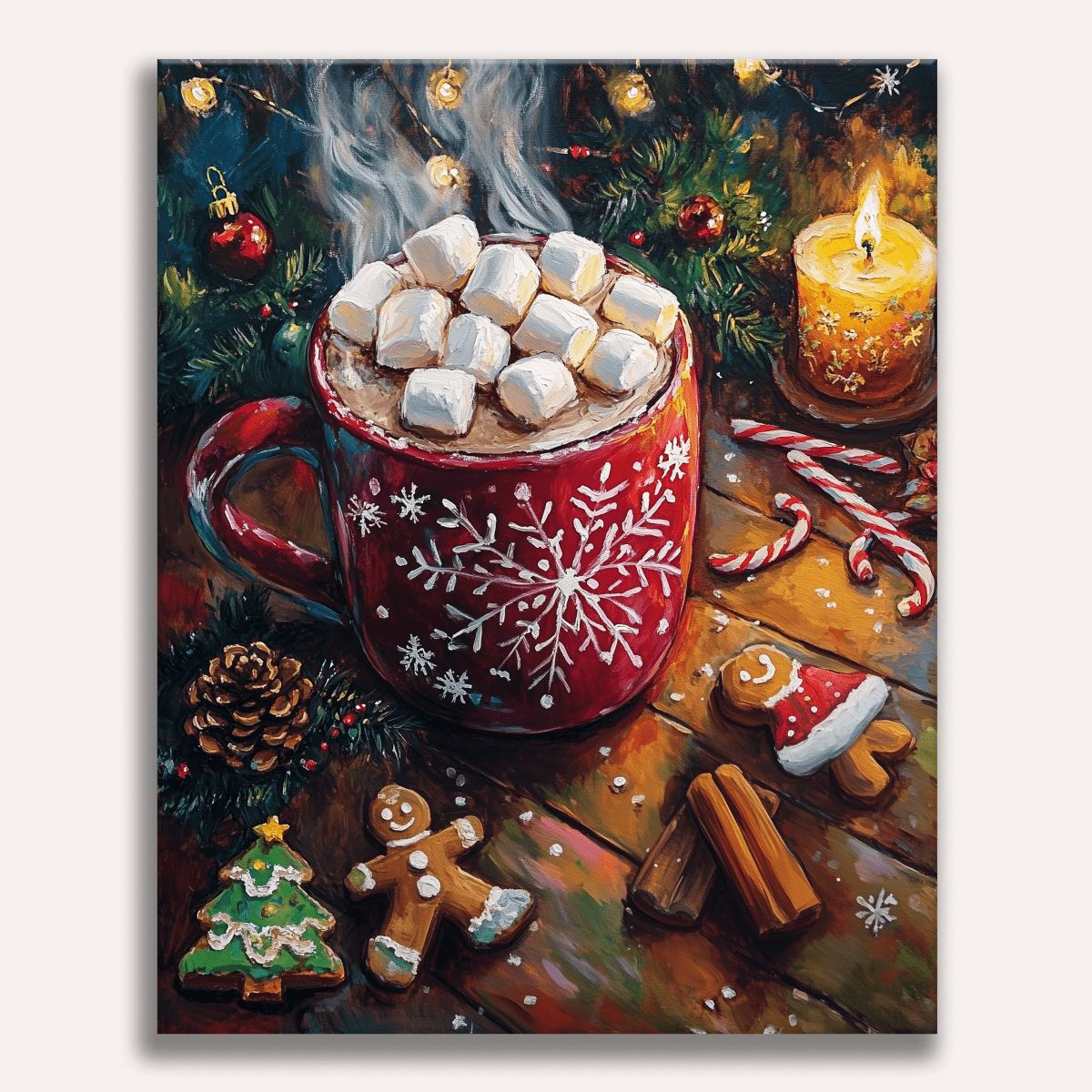 This image depicts a festive scene featuring a cup of cocoa garnished with marshmallows and chocolate shavings.