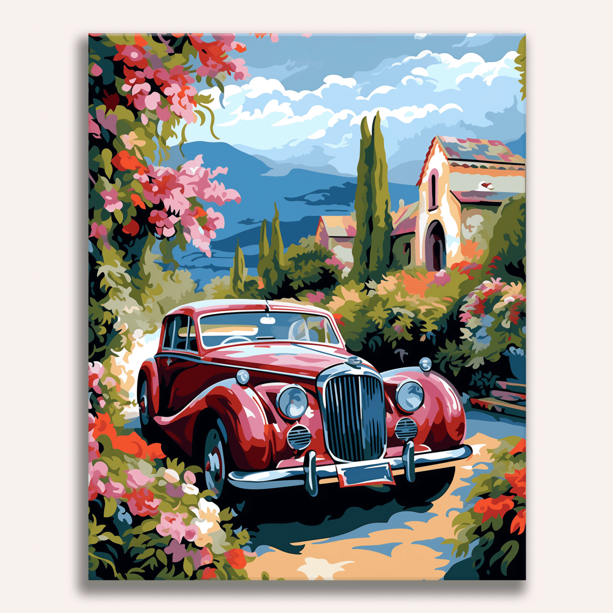 A vibrant oil painting of a red classic car parked on a curved road, set amidst lush green hills and towering trees.