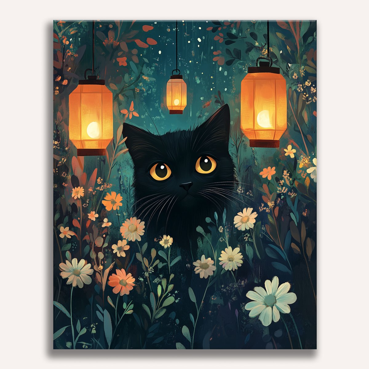 A stylized illustration depicts a cartoon black cat amidst a whimsical nighttime scene.