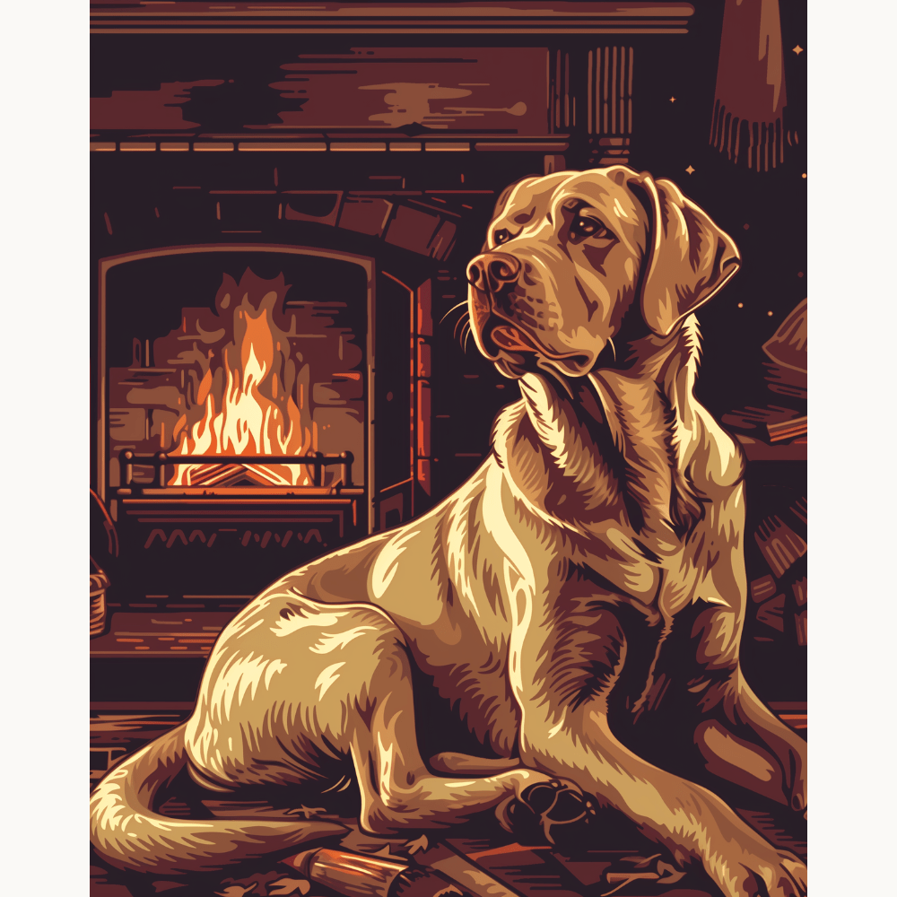 Labrador Retriever vor dem Kamin