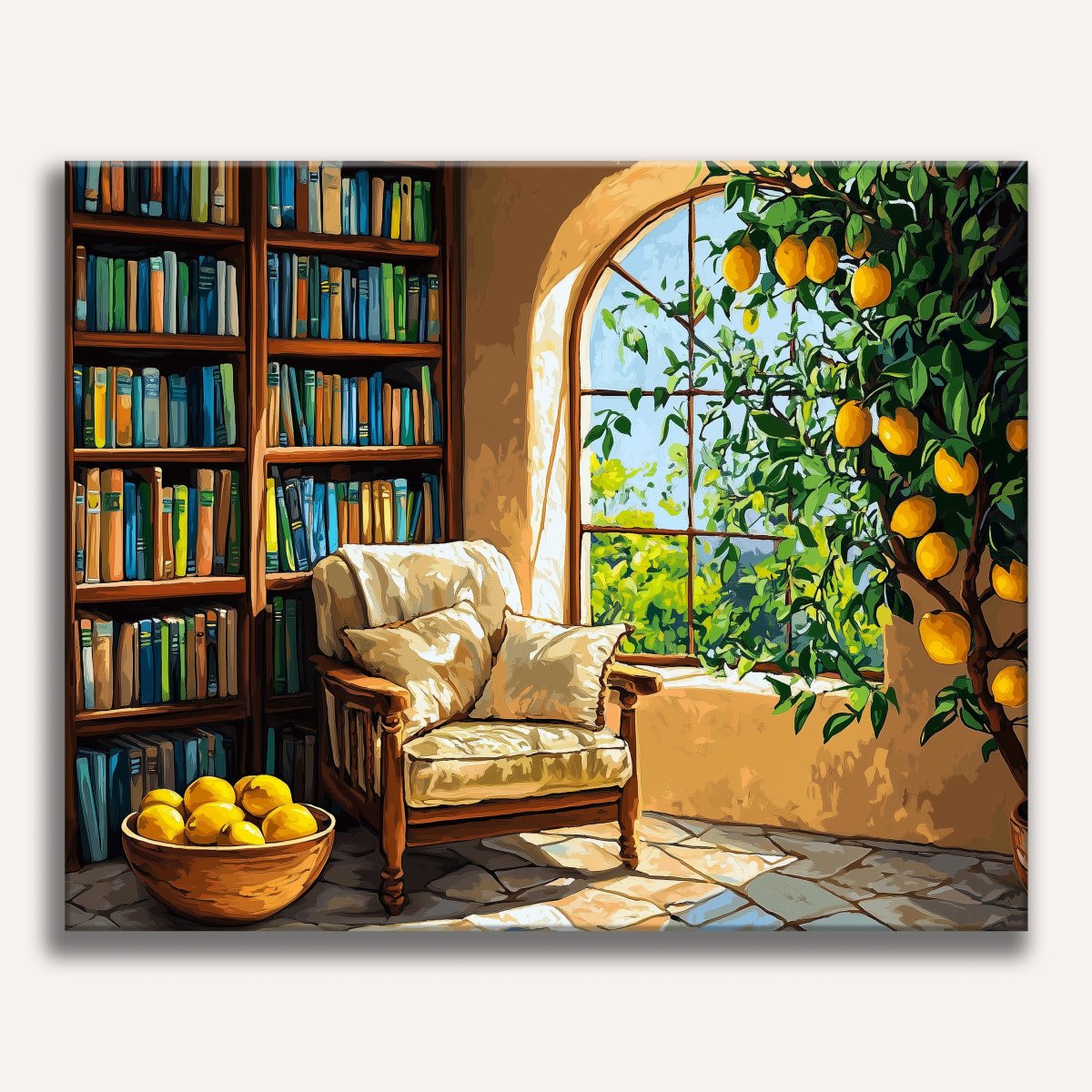 A painting depicting a cozy room with a large window that offers a view of lush trees and blue skies.