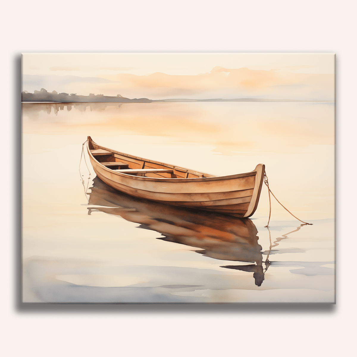 A boat is seen resting on calm water near a shore under a clear sky.