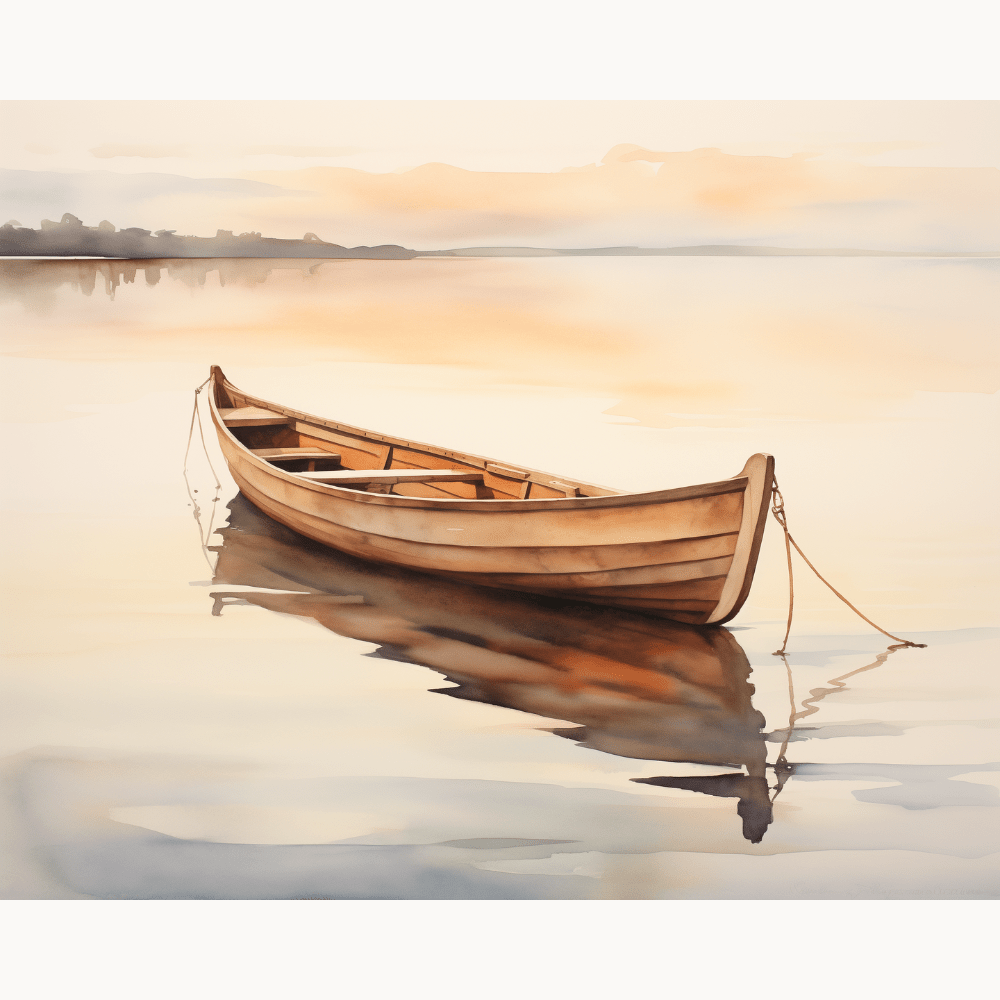 A boat is seen resting on calm water near a shore under a clear sky.