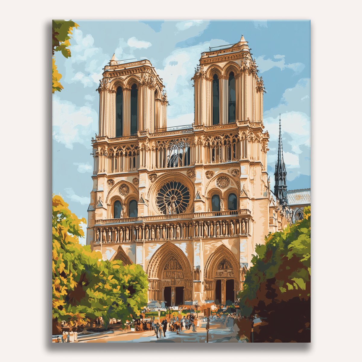 The image depicts a famous neo-Gothic cathedral known as Notre Dame located in Paris, France.