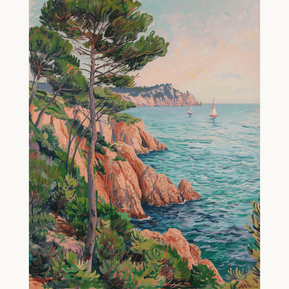 A picturesque seaside landscape features a rocky cliff overlooking a vibrant blue ocean dotted with sailboats.