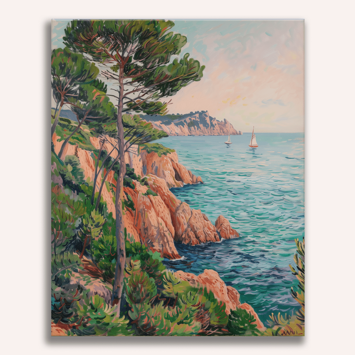 A picturesque seaside landscape features a rocky cliff overlooking a vibrant blue ocean dotted with sailboats.