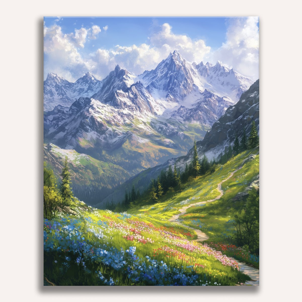 A picturesque mountain landscape featuring snow-capped peaks, lush valleys filled with vibrant wildflowers, and a clear blue sky overhead..