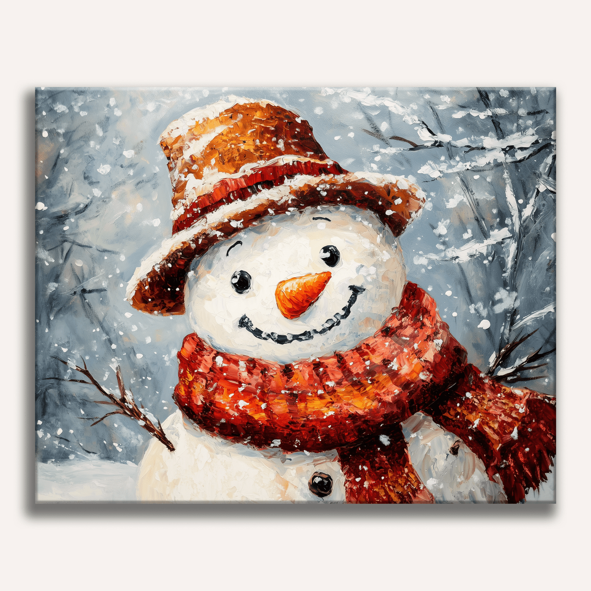 A snowman stands joyfully against a backdrop of falling snow and winter trees, donned in a warm scarf and a festive hat..