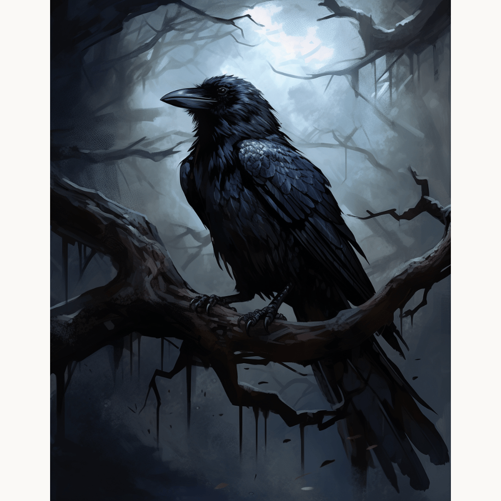 In this image, a black raven perches prominently on a twisted, gnarled tree branch.