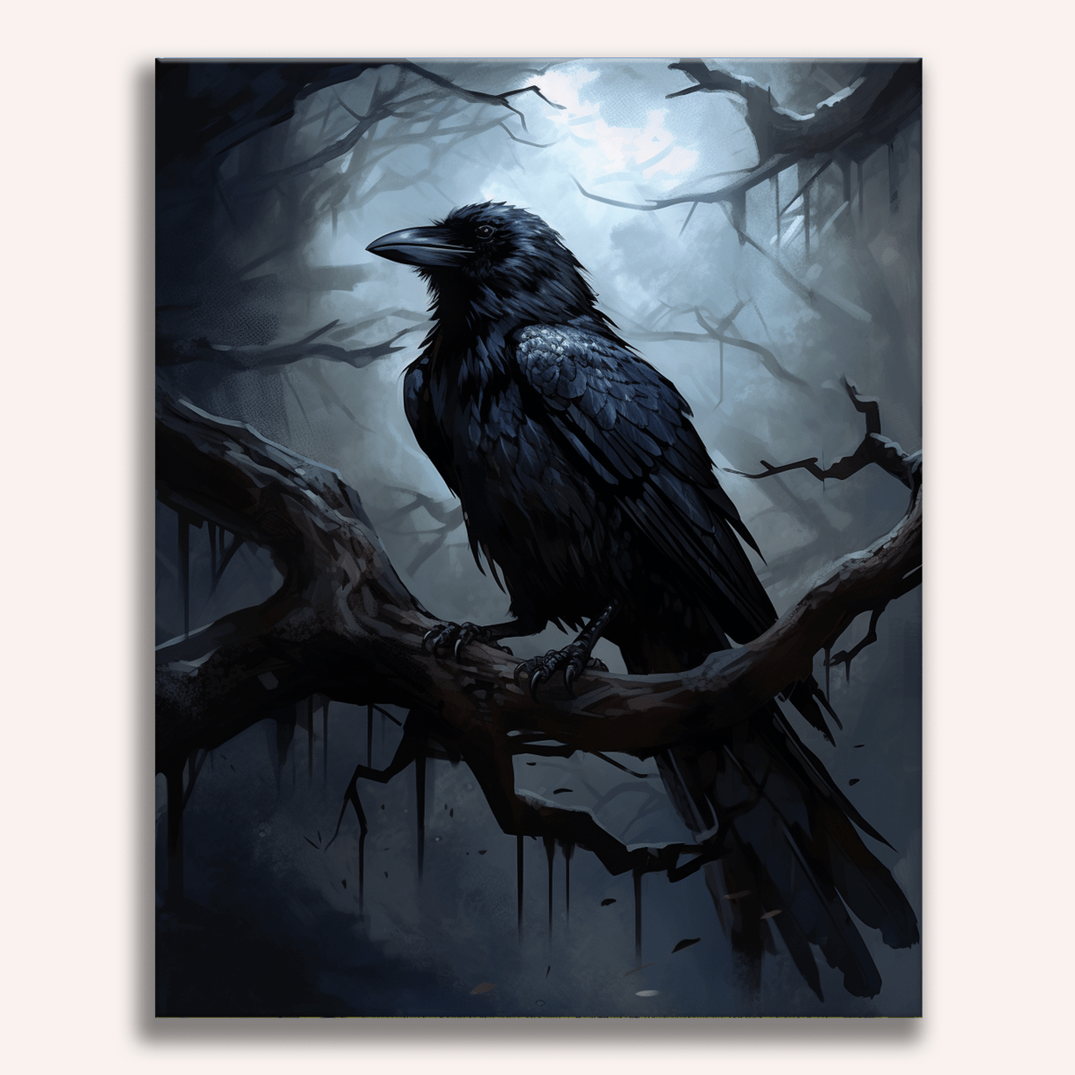 In this image, a black raven perches prominently on a twisted, gnarled tree branch.