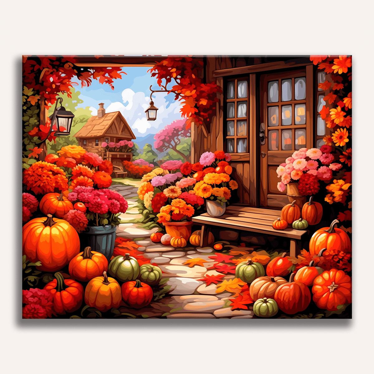 A vibrant autumn scene featuring a doorway with a wooden sign and flowers above, leading to a warmly lit interior.