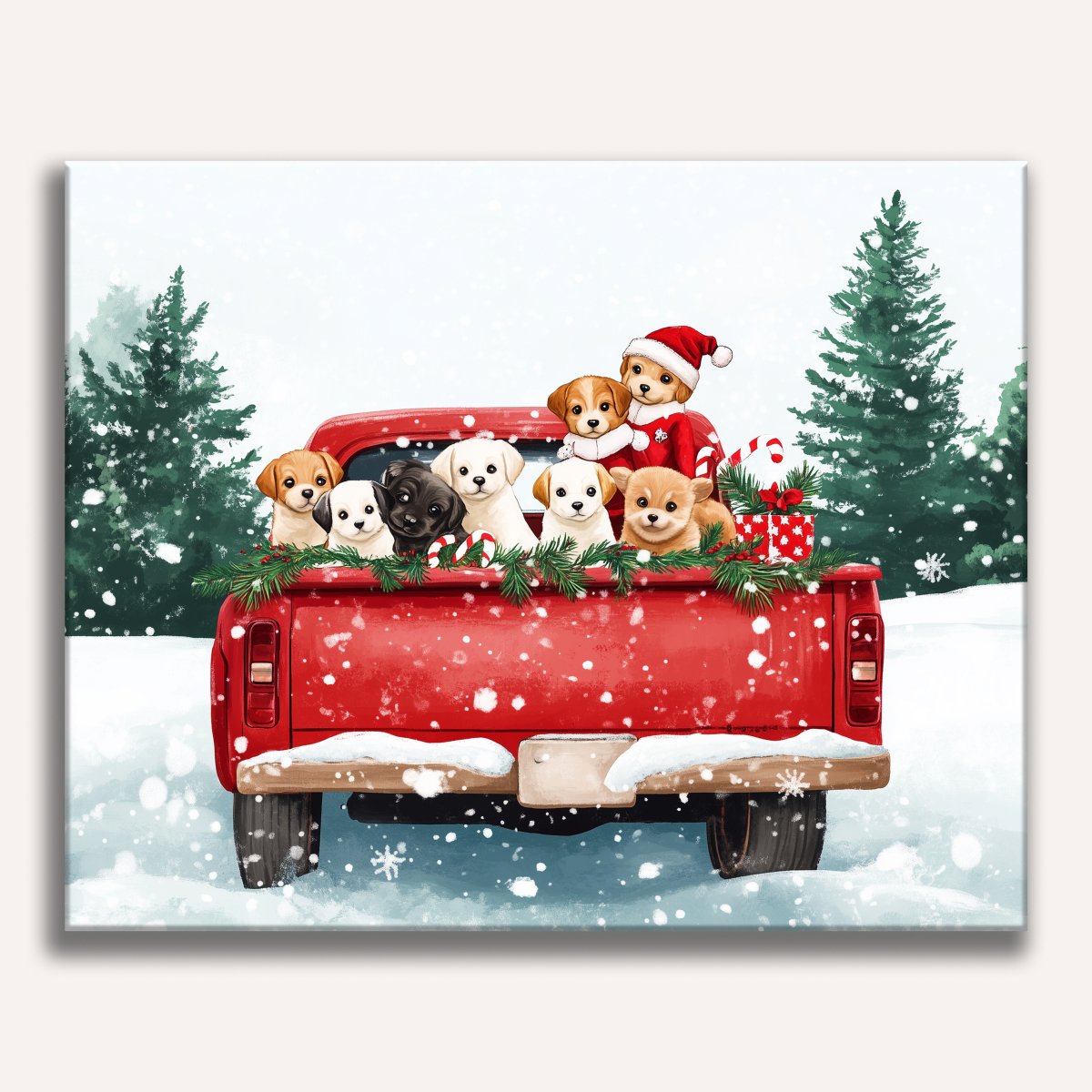 A holiday-themed illustration features a red truck adorned with Christmas decorations and six puppies peeking out from underneath a festive arrangement..