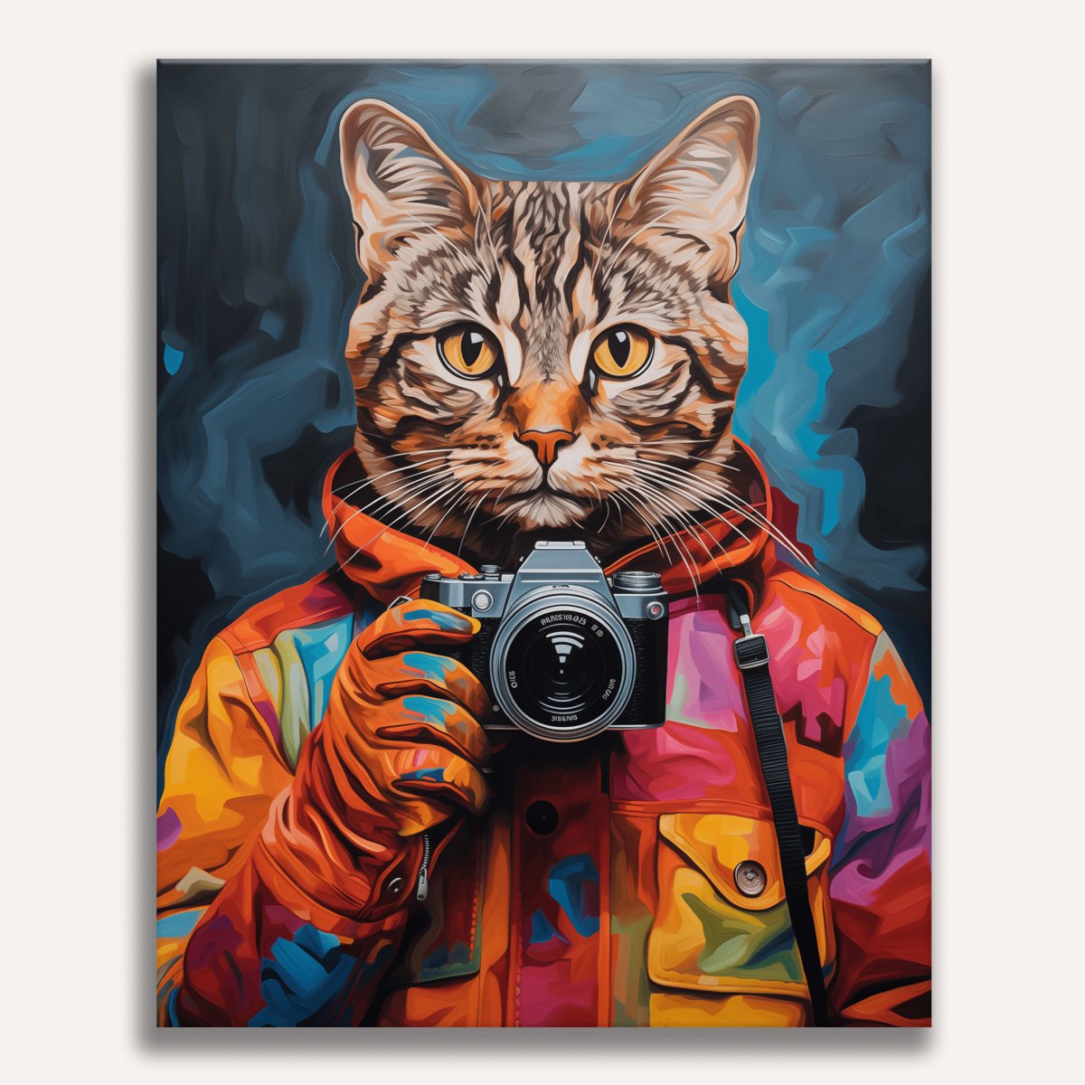 A cat's face is digitally placed onto a human figure, which appears to be holding a camera and taking a selfie.